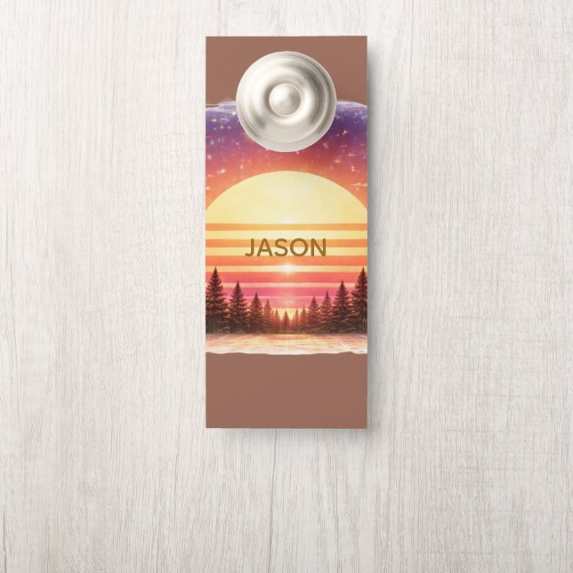 Affichette De Porte Retro Sunset in Forest Custom Family Name (Sur le bouton)
