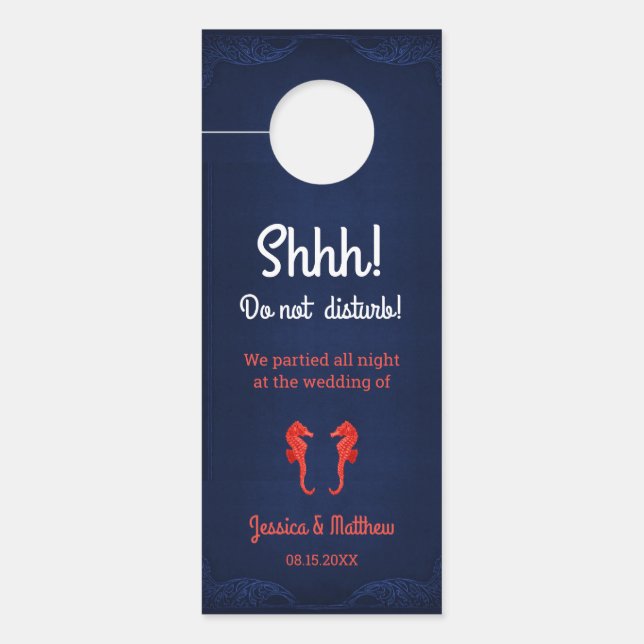 Affichette De Porte Sac de bienvenue Mariage Corail bleu marine (Devant)