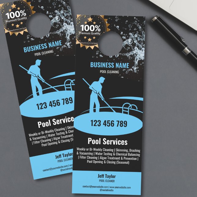 Affichette De Porte Services de nettoyage de piscine Entretien et répa (blue pool guy cleaning swimming pool, black background, door hanger flyer)
