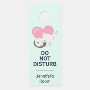 Affichette De Porte Sweet Kitty Chat Dormir avec un grand coeur rose