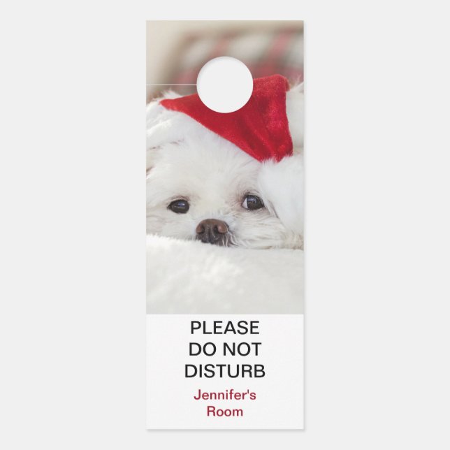 Affichette De Porte Un mignon chien blanc dans un Casquette de Noël ro (Devant)