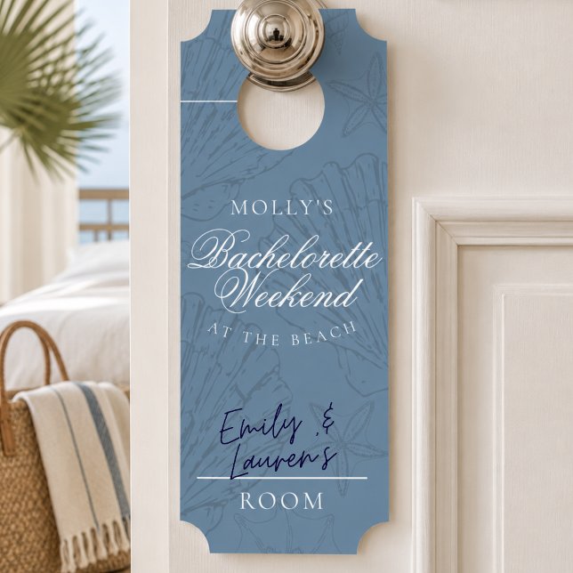 Affichette De Porte Week-end de célibataire Coquillage Bleu Côtiers (Coastal Blue Stripe Bachelorette Weekend Door Hanger
)