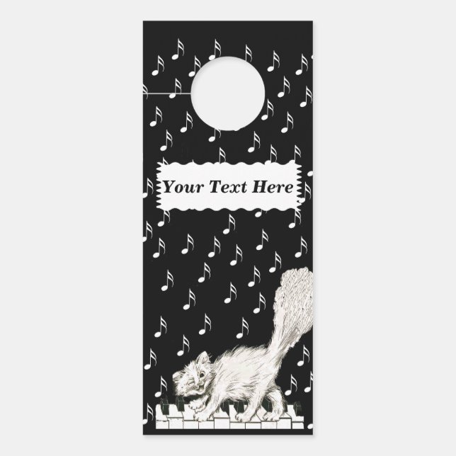 Affichette De Porte Winking White Cat Walking on Piano Music Notes (Devant)