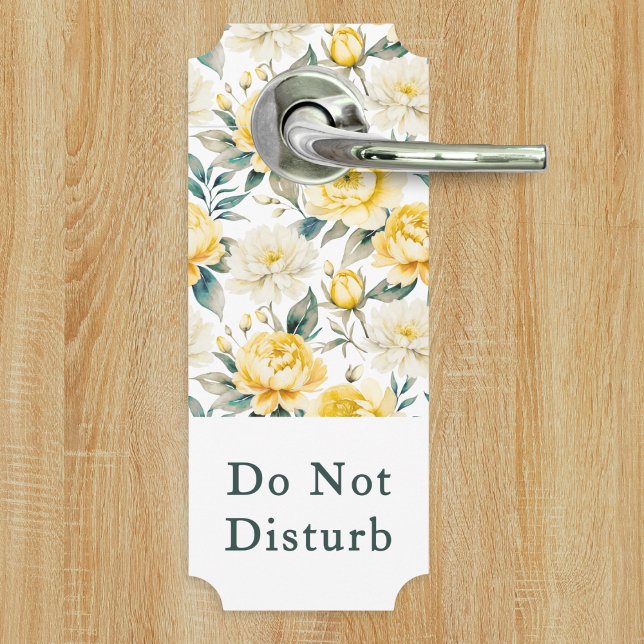Affichette De Porte Yellow Floral Do Not Disturb Please Knock (An elegant Do Not Disturb/Please Knock reversible door hanger with yellow and white floral design)