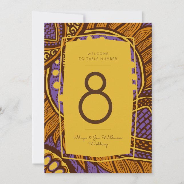 Africain Ankara Purple Gold Floral Numéro de table (Devant)