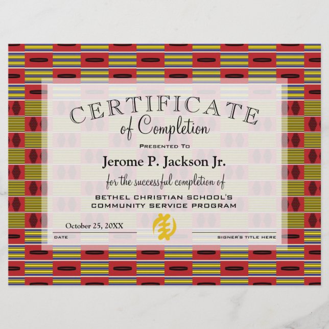 Afrique Rouge Jaune Certificat d'Achèvement Kente (Devant)