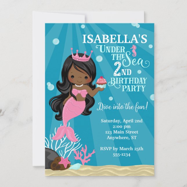 Afro-Américaine Sirène 2E Invitation Anniversaire (Devant)