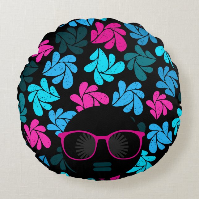 Afro Diva Turquoise & Coussin Rond Rose (Devant)