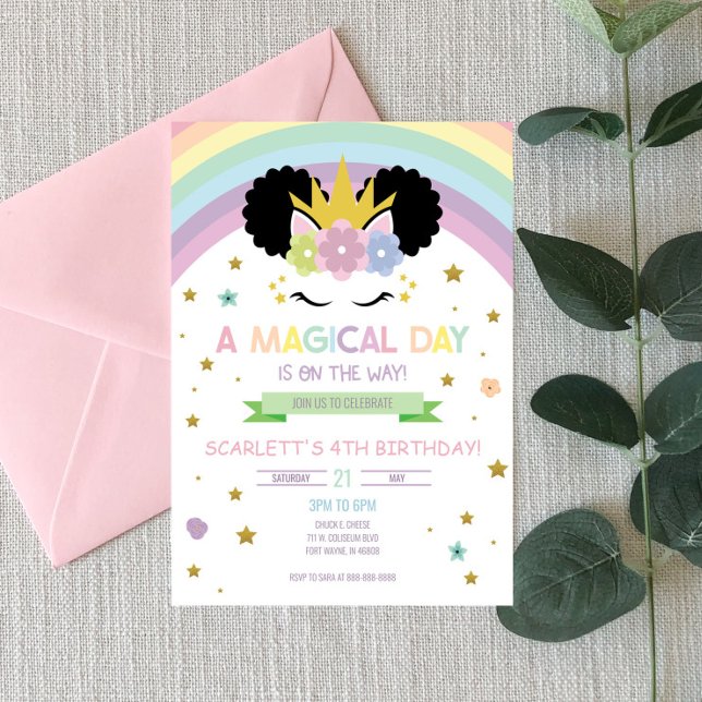 Afro Puff Unicorn et Rainbows Invitation d'anniver (Créateur téléchargé)