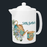 Afternoon High Tea 50e anniversaire Vintage Floral<br><div class="desc">Faites-le avec style - une High Tea Party avec théière à fleurs vintages lorsque quelqu'un que vous aimez veut célébrer le 50e anniversaire jalon. L'illustration présente une théière vintage bleue entourée de fleurs et de feuillage vert. Juste pour la fête du thé de l'après-midi. Vous pouvez facilement personnaliser le texte...</div>