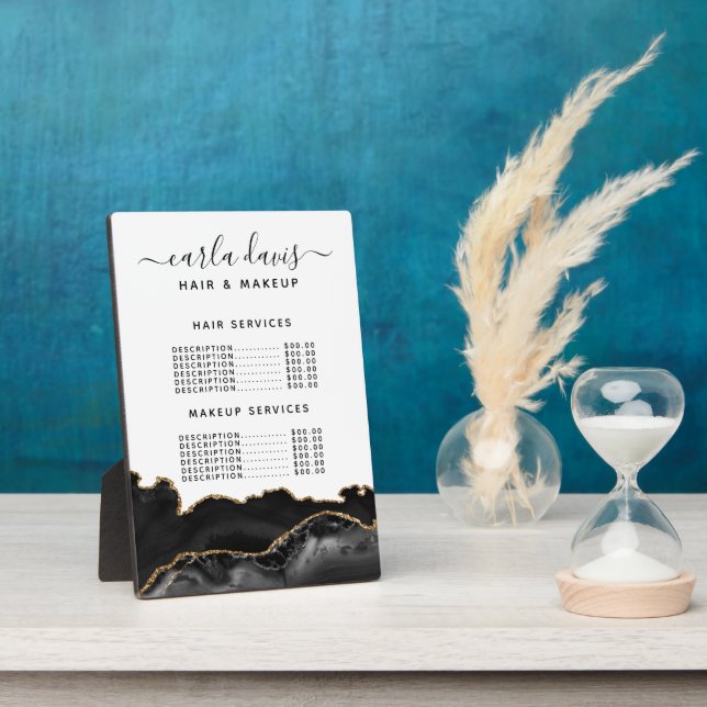 Agate Black Gold Marble Salon Prix Menu Plaque (Côté)