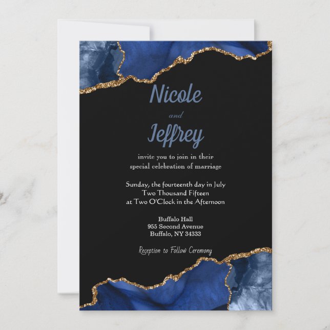 Agate Bleu & Noir Élégant Mariage Invitation (Devant)