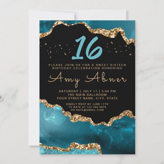 Agate Gold Turquoise Sweet 16 Anniversaire Invitat (Devant)