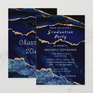 Agate Marine Bleu Marbre d'or Invitation de gradua