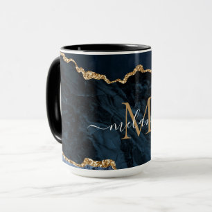 Agate Marine bleu or Marbre Nom Lettre Mug Cadeau