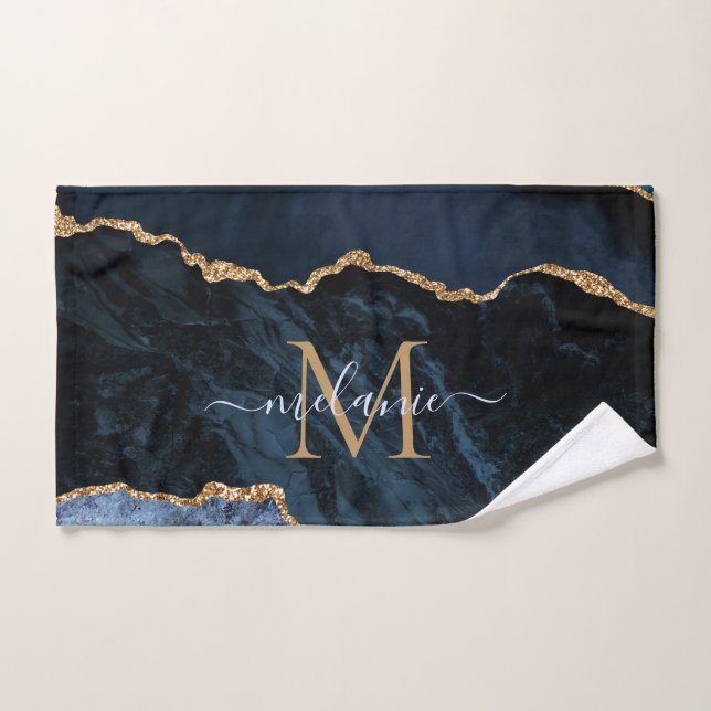 Agate Marine Blue Gold Gemstone Marble Nom du mono (Serviette à main)