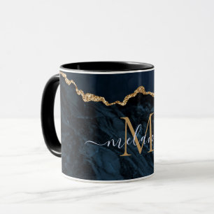 Agate Marine Blue Gold Marble Mug Nom personnalisé