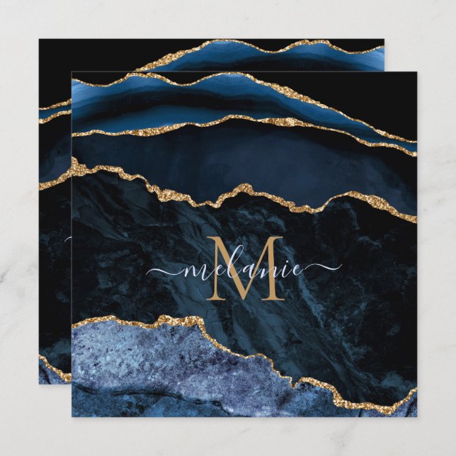Agate Navy Blue Gold Custom Letter Cartes de nom (Devant / Derrière)