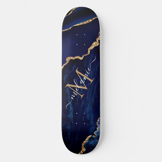 Agate Navy Blue Gold Votre nom Lettre Skateboard (Recto)