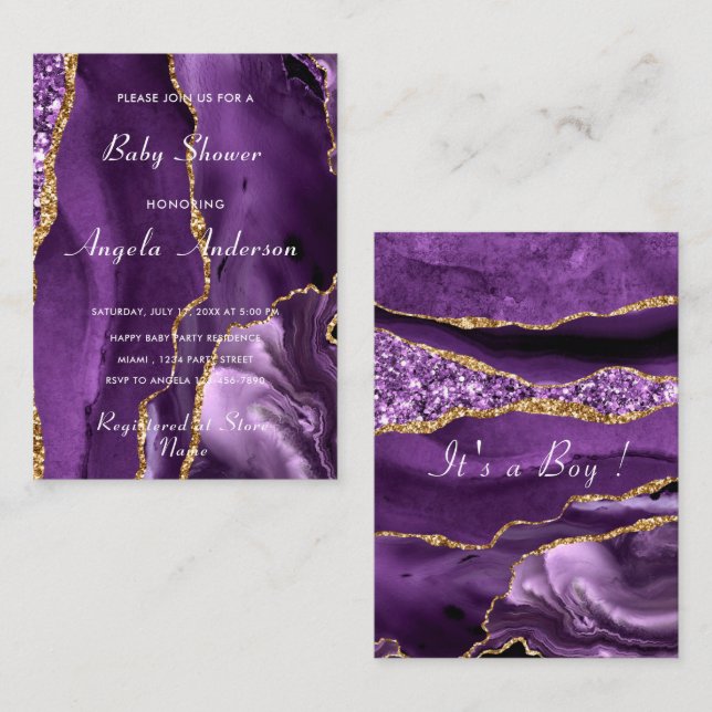 Agate Purple Gold Baby Boy Shower Invitation Card (Devant / Derrière)