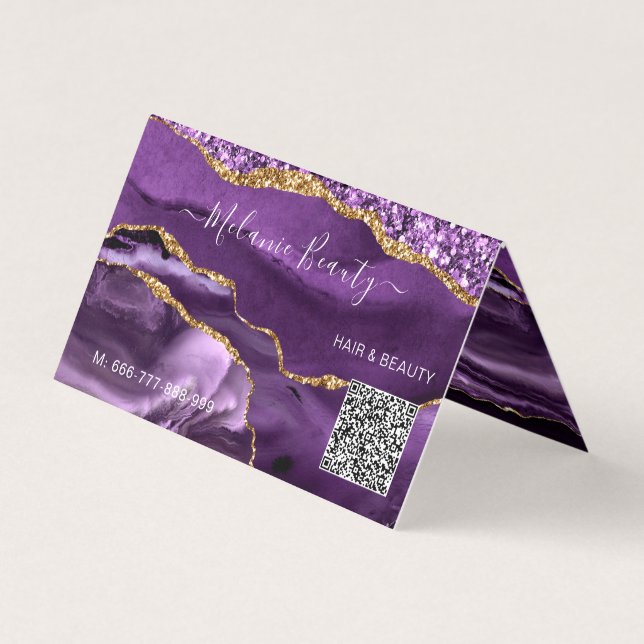 Agate Purple Gold QR Code Carte de visite (Devant)