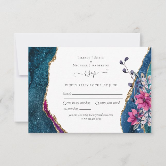 Agate rose violet Floral RSVP Mariage Carte petite (Devant)