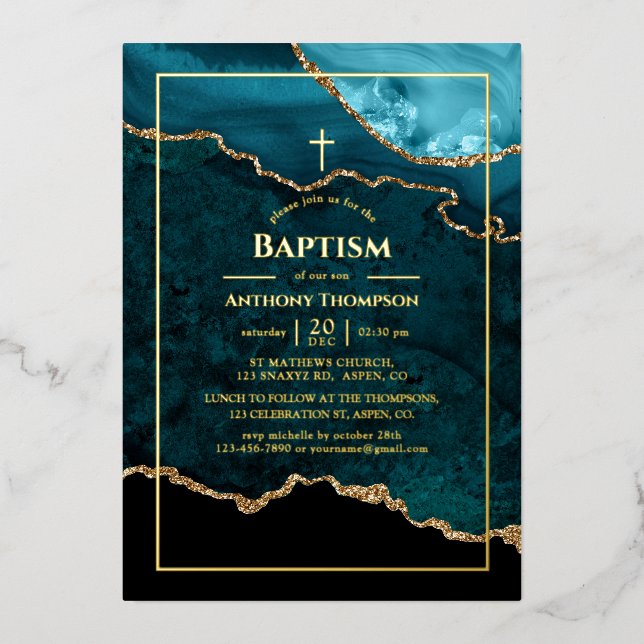Agate Turquoise et Or Baptême Foil Invitation (Recto)