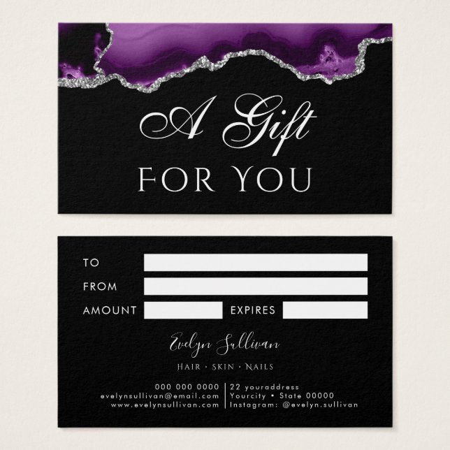Agate violet et argent sur carte cadeau noire (Devant & derrière)