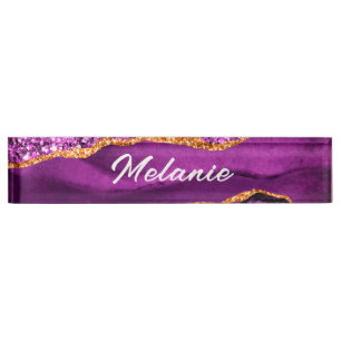 Agate Violet violet or Marbre Bureau Nom Plaque