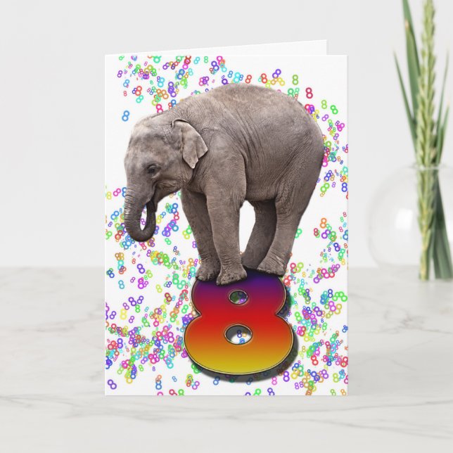 Âge 8, une carte d'anniversaire d'éléphants heureu (Devant)