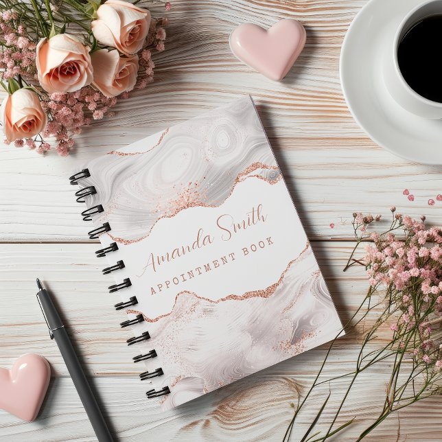 Agenda Blanc avec Strass et Agate en Or Rose (White I Rose Gold Glitter Agate Appointment Book Planner)
