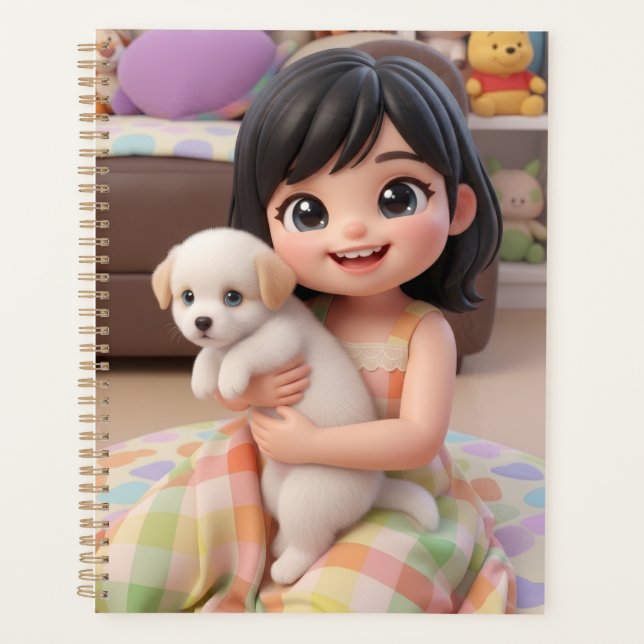 Agenda Fille Chibi Mignonne Enlaçant un Chien Blan (Devant)