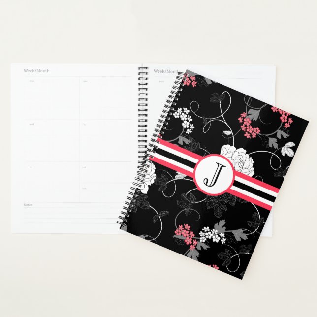 Agenda Fleurs Tourbillons Noir Rose (Devant avec enveloppe)