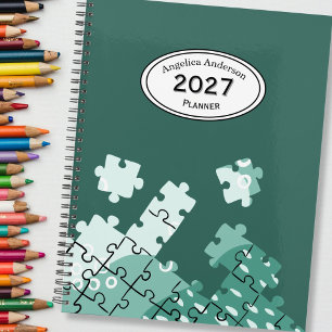 Agenda personnalisé vert avec pièces de puzzle et 