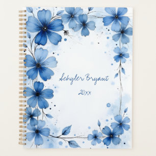 Agenda spirale floral bleu abstrait botanique de p