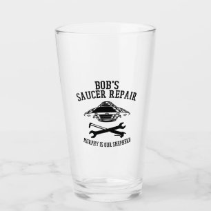 agitateur en verre avec logo Bob's Saucer Repair n