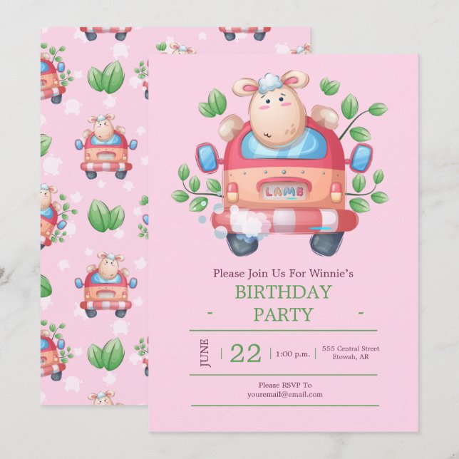 Agneau Cute Dans Une Voiture Fête Invitation (Devant / Derrière)