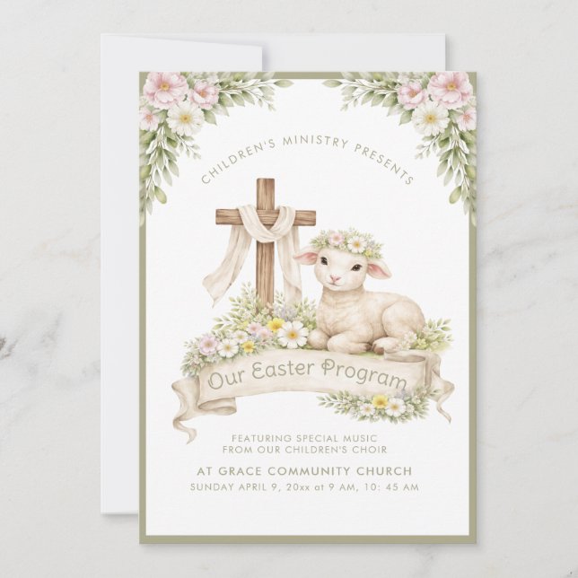 Agneau floral avec croix | Invitation au programme (Devant)