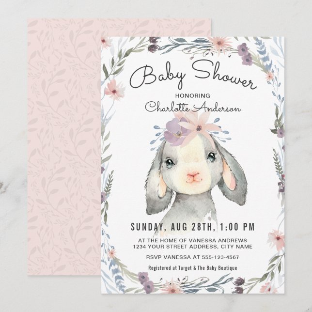 Agneau mignon et fleurs Baby shower Invitation (Devant / Derrière)
