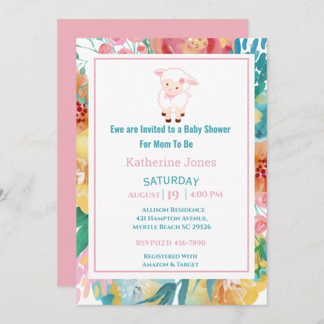 Agneau mignon rose Baby shower Floral Invitation (Devant / Derrière)