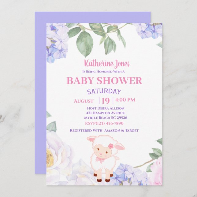 Agneau mou Purple Baby shower Floral Invitation (Devant / Derrière)