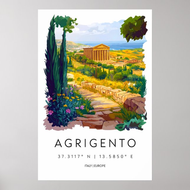 Agrigento Aquarelle Ancienne Affiche de Voyage Ski (Devant)