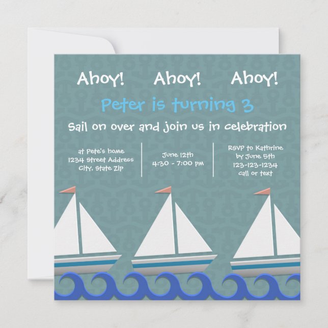 Ahoy Ahoy Ahoy 3 Voiliers - Invitation Anniversair (Devant)