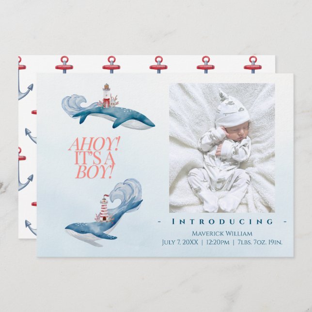 Ahoy Baby Boy Faire-part de naissance (Devant / Derrière)
