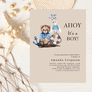 Ahoy boy teddy marin Baby shower beige invitation
