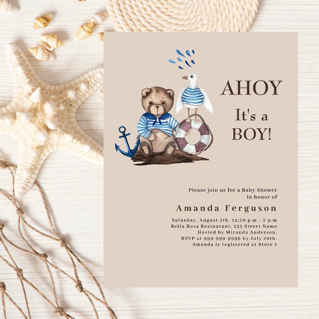 Ahoy boy teddy marin Baby shower beige invitation (Créateur téléchargé)