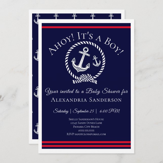 Ahoy c'est un garçon ! Invitation Baby shower naut (Devant / Derrière)