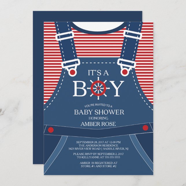 Ahoy C'est un garçon ! Invitation Baby shower naut (Devant / Derrière)
