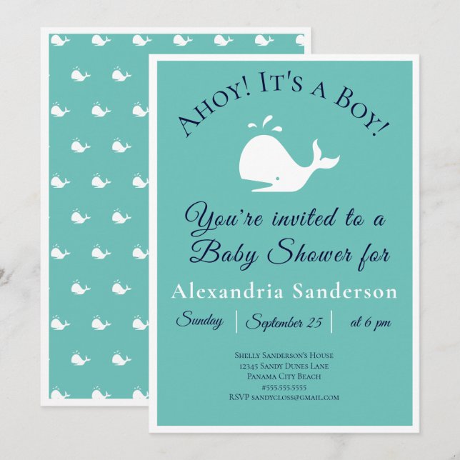 Ahoy c'est un garçon ! Invitation Baby shower naut (Devant / Derrière)