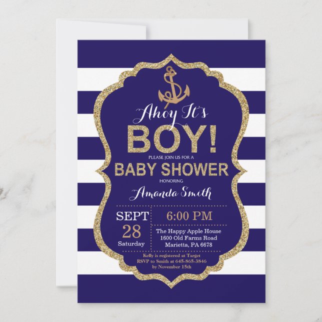 Ahoy c'est un garçon ! Invitation Baby shower naut (Devant)